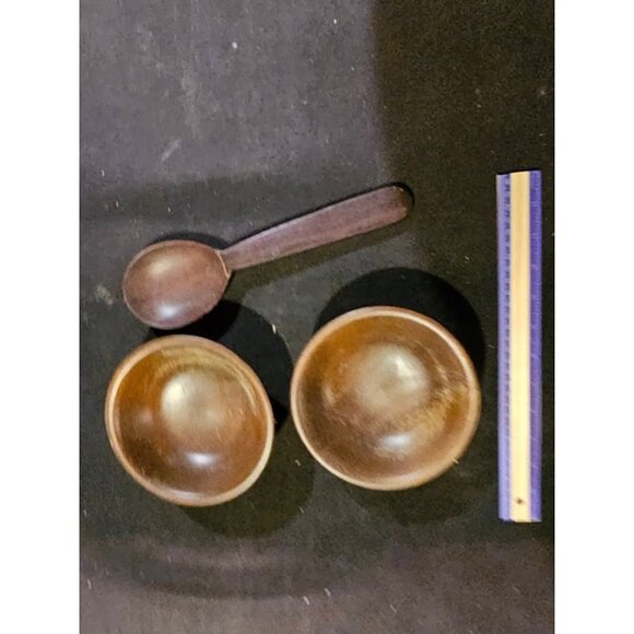 Vintage Wooden Bowls Set with Spoon Handcrafted Rustic Decor Kitchenware - Picture 2 of 5